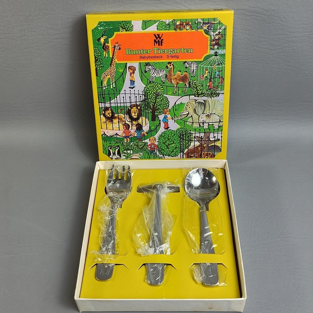 Vtg WMF German Kid's 3pc Stainless Steel Flatware Set "Colorful Zoo" Animals